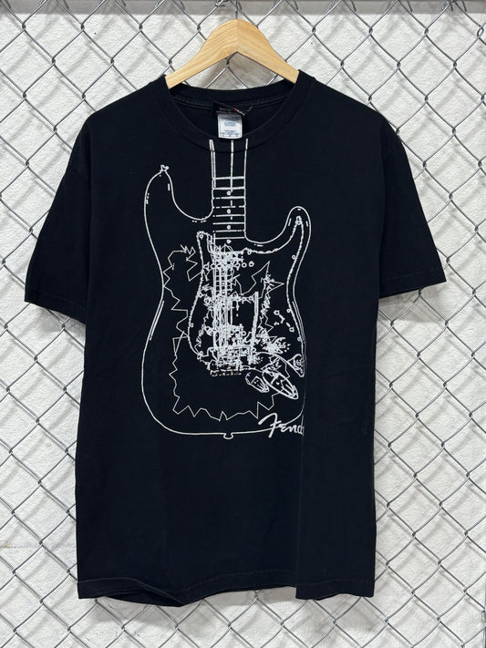 Vintage Y2K Fender Stratocaster Big Print Guitar Rock Graphic Tee Size Large