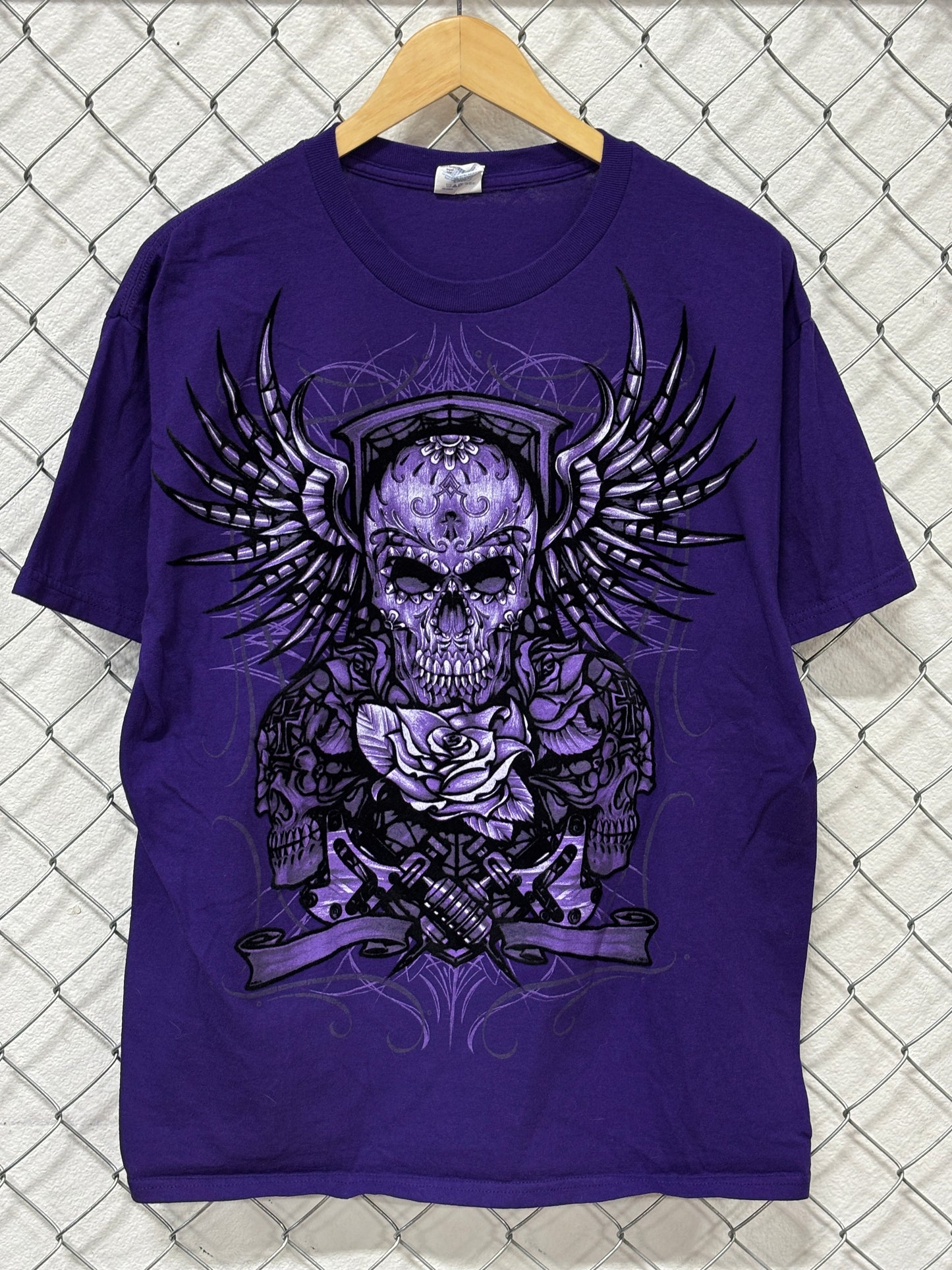 Vintage Y2K Affliction Style Skull Big Print Graphic Tee Size Large