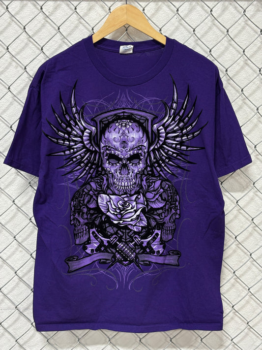 Vintage Y2K Affliction Style Skull Big Print Graphic Tee Size Large