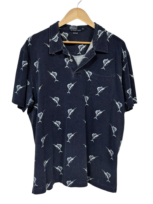 Vintage Ralph Lauren Swordfish All Over Print Polo Shirt Size XL