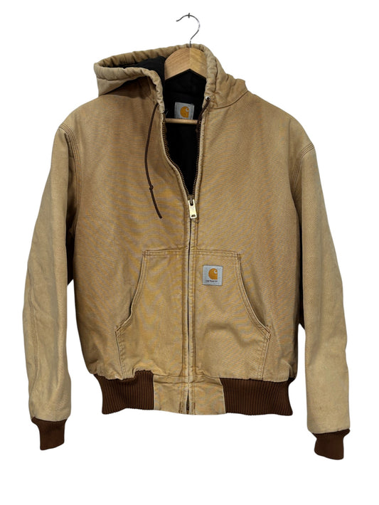 Vintage Carhartt Light Brown J130 Hooded Zip Up Work Jacket Size Small