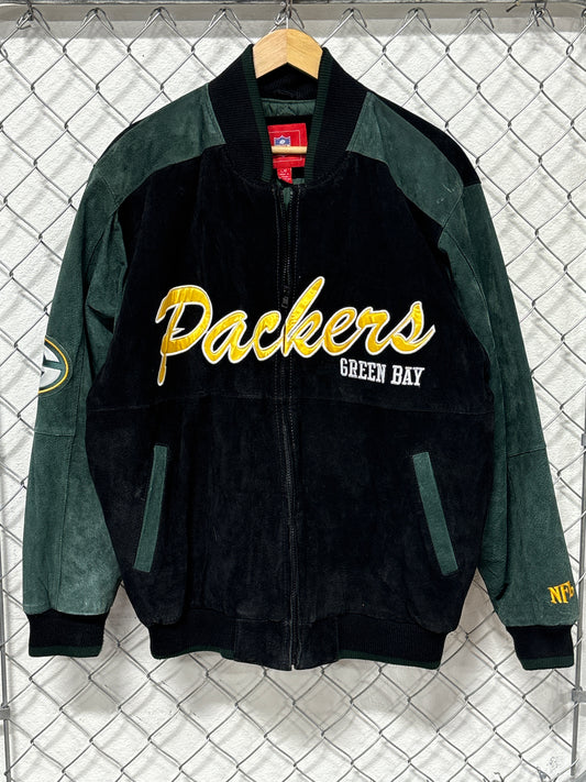 Vintage Y2K Green Bay Packers NFL Suede Bomber Jacket Size Large