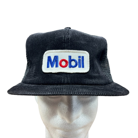 Vintage 90's Mobil One Black Corduroy Snapback Trucker Hat