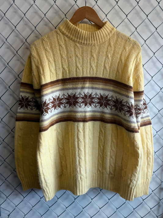 Vintage 90's Jantzen Yellow Snowflake Pattern Cable Knit Sweater Size XL