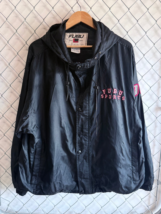 Vintage 90's FUBU Sports Black Coach Jacket Hooded Size Large