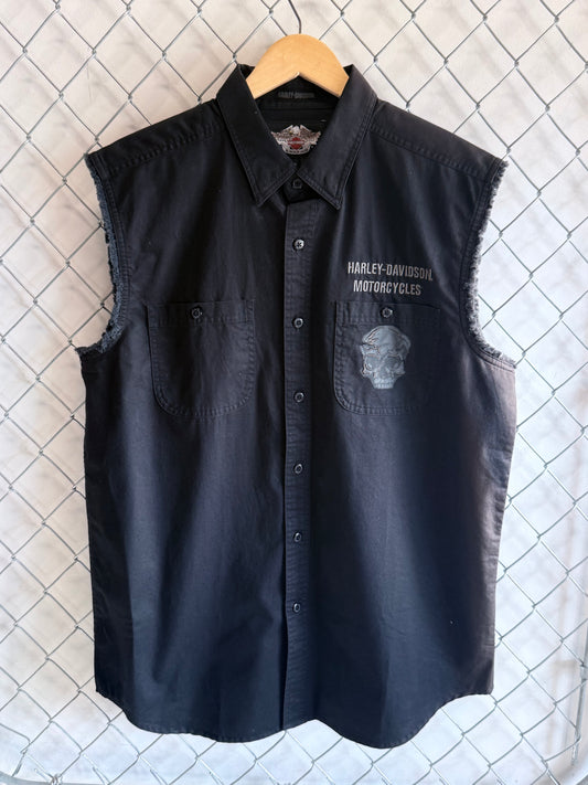 Vintage Harley Davidson Cut Off Biker Button Up Shirt Size Large