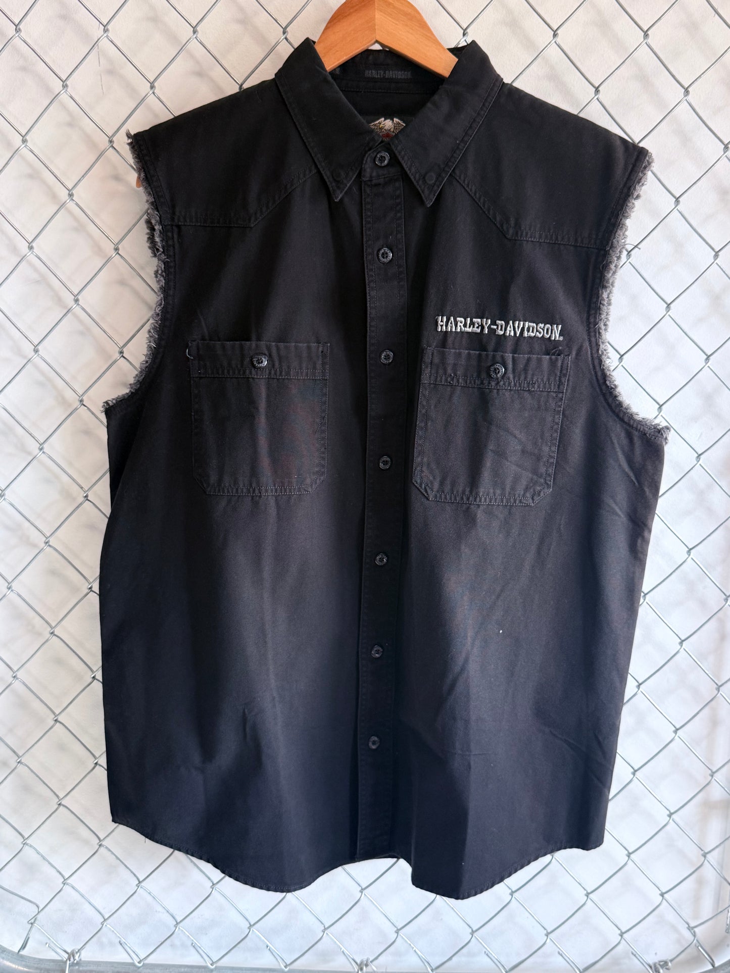 Vintage Harley Davidson Cut Off Biker Button Up Shirt Size Large