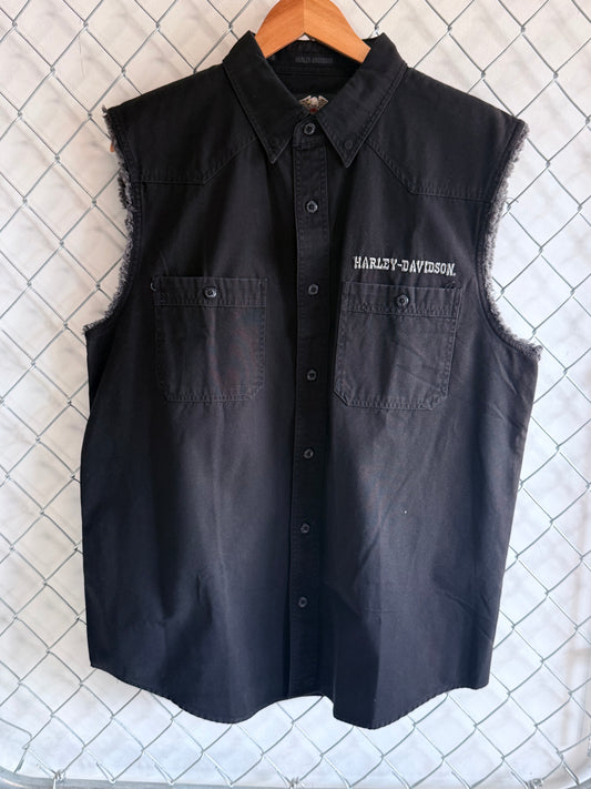 Vintage Harley Davidson Cut Off Biker Button Up Shirt Size Large