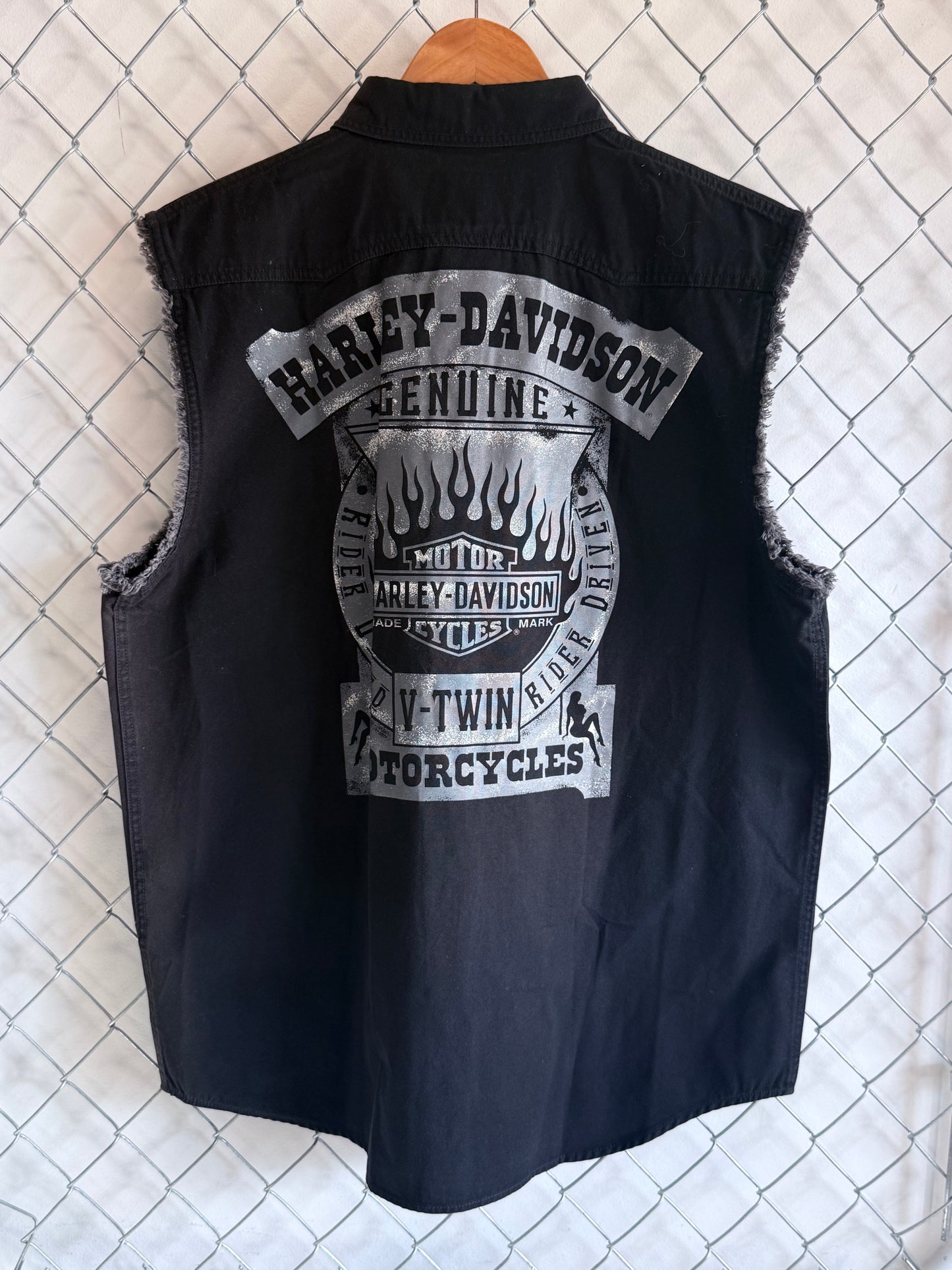 Vintage Harley Davidson Cut Off Biker Button Up Shirt Size Large