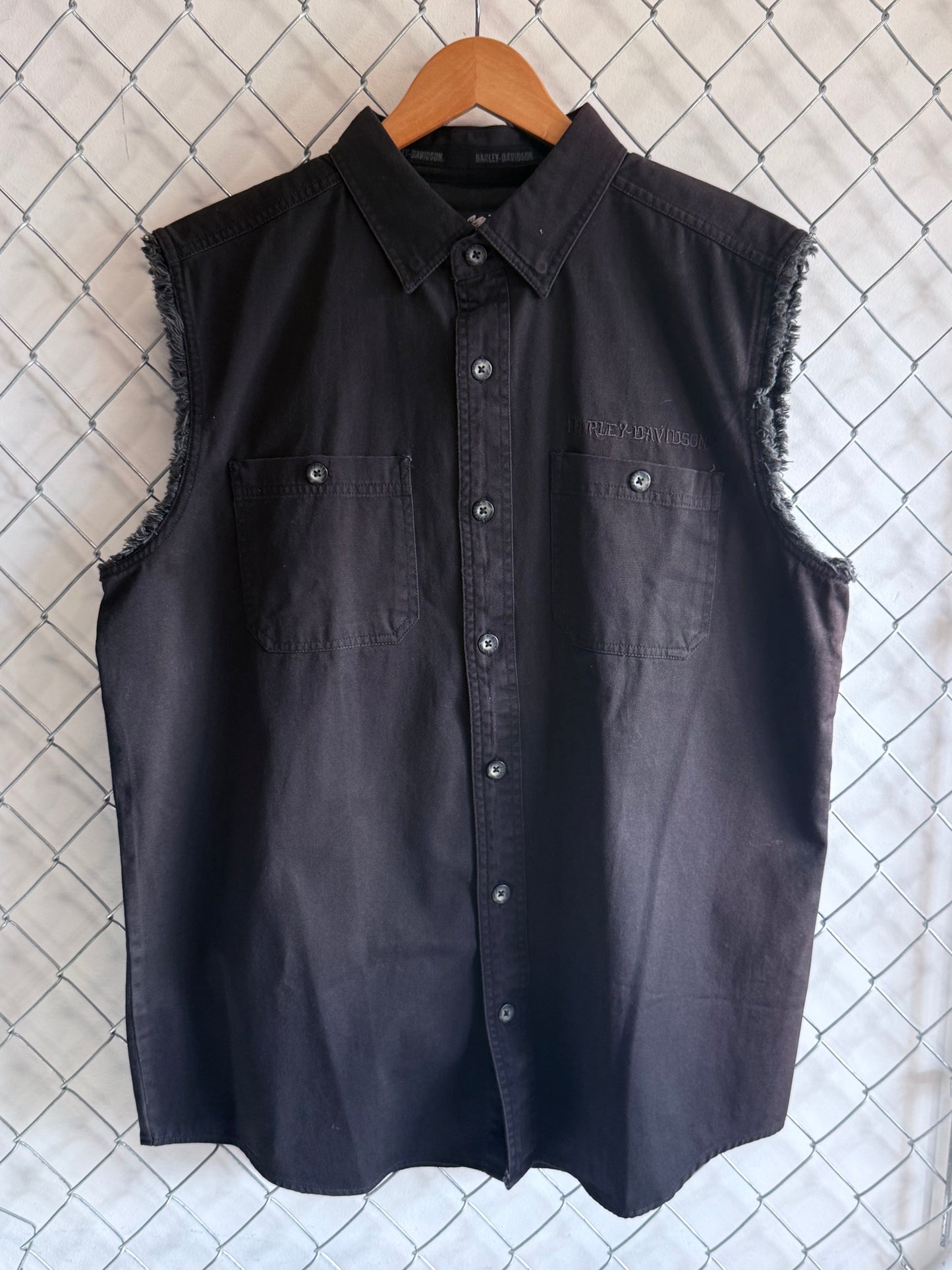 Vintage Harley Davidson Cut Off Biker Button Up Shirt Size Large