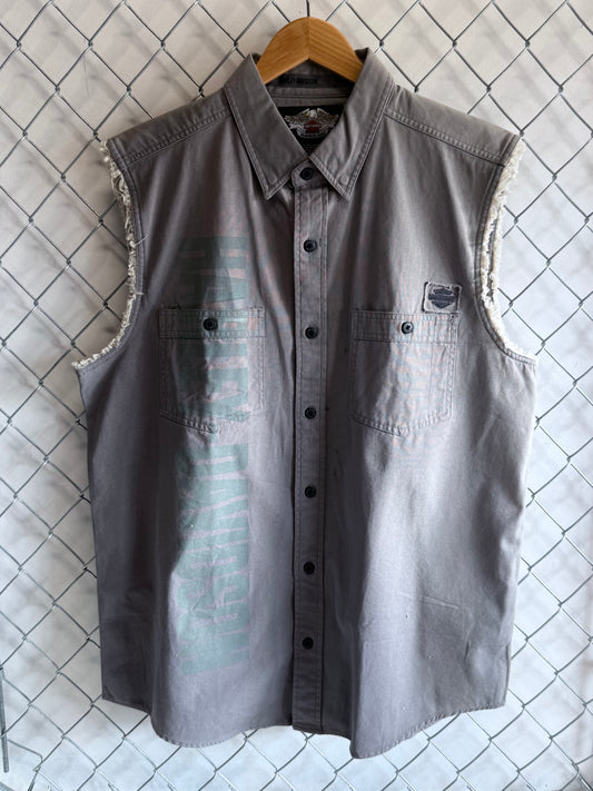 Vintage Harley Davidson Cut Off Biker Button Up Shirt Size Large
