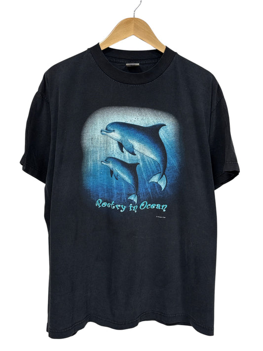 Vintage Poetry in Ocean Aquatic Life Dolphins Nature Graphic Tee Size XL