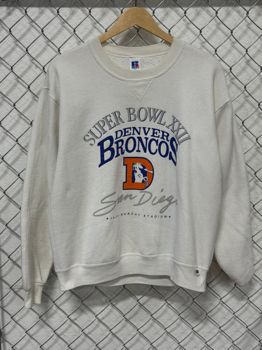 Vintage Super Bowl 22 Denver Broncos San Diego White Sweater Size Large