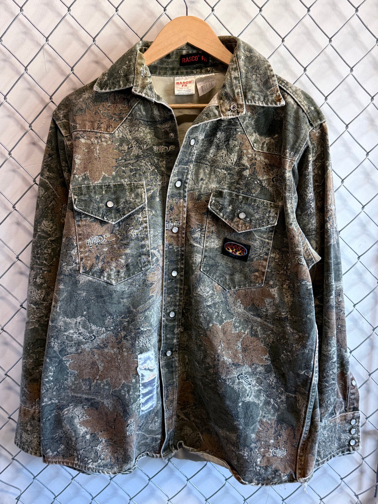 Woodland Camo Pearl Snap Button Up Long Sleeve Shirt FR Size XL