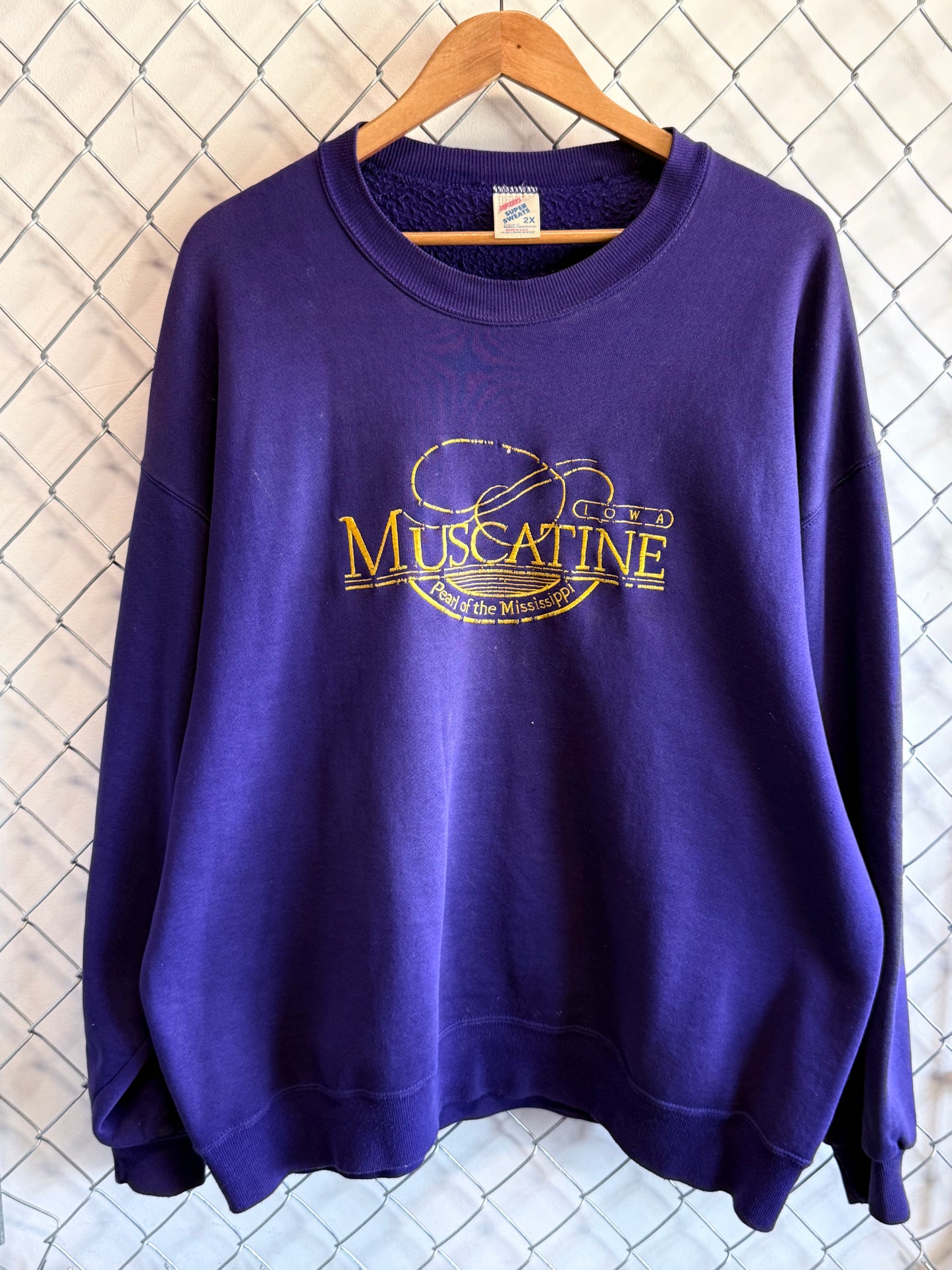 Vintage 90's Muscatine Iowa Purple Embroidered Sweater Size XXL