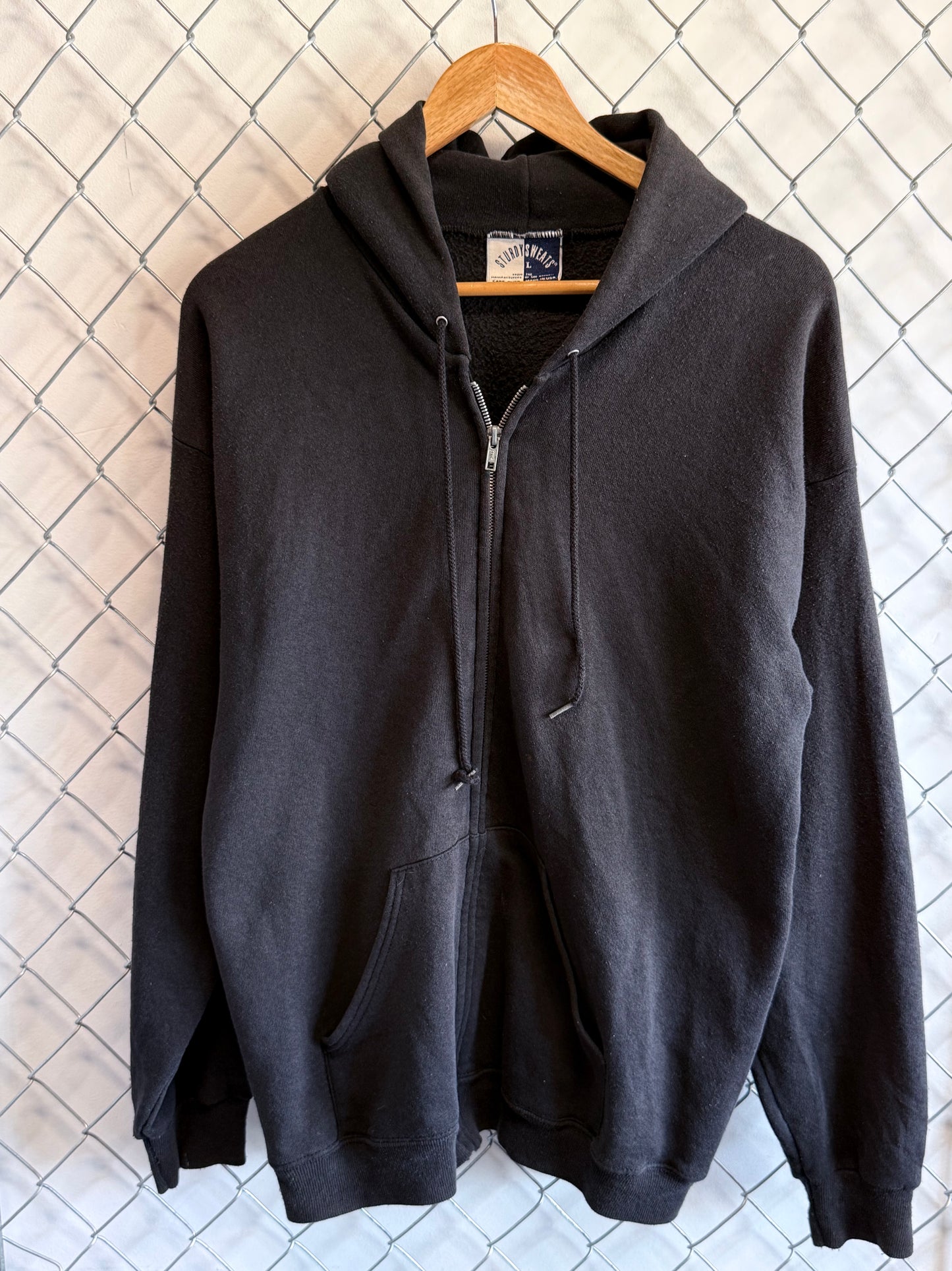 Vintage Sturdy Sweats Black Blank Zip Up Hoodie Made in USA Size Large