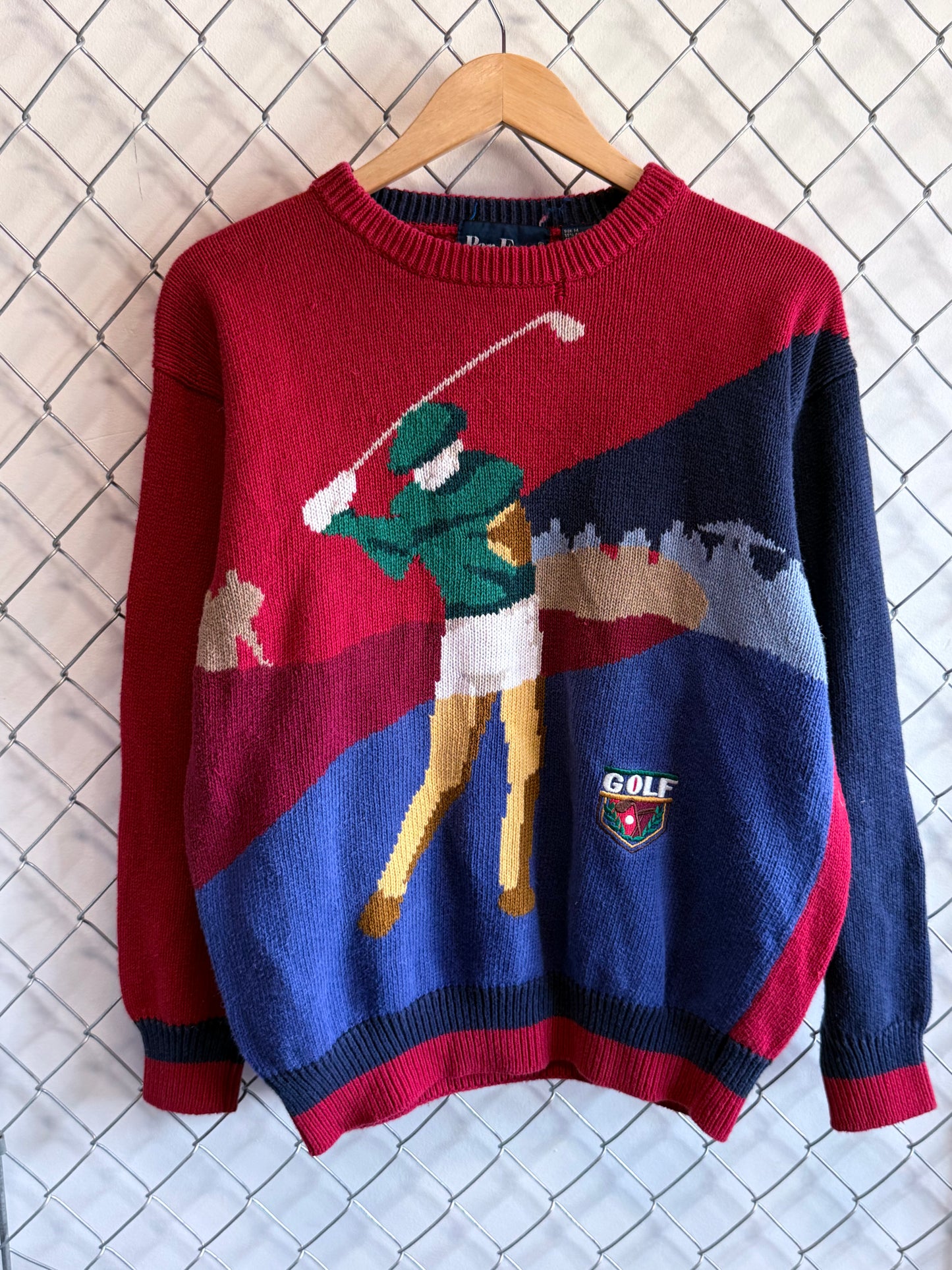 Vintage Par Four Golf Big Print Red Crewneck Sweater Size Medium