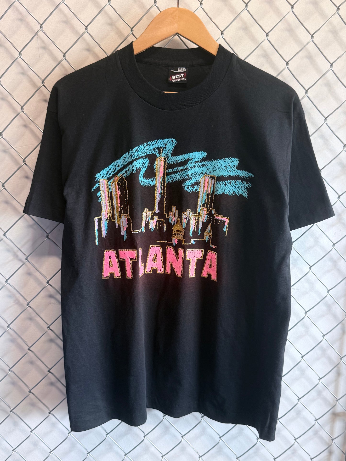 Vintage 90's Atlanta Skyline Black Graphic Tee Size Large