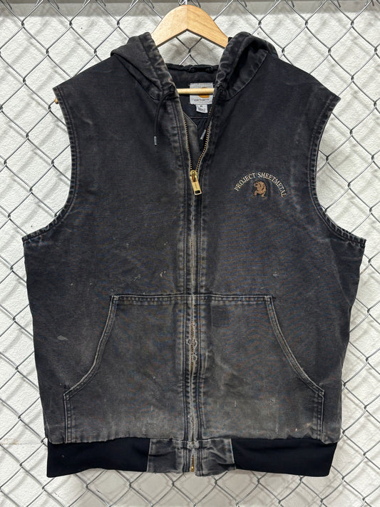 Vintage Carhartt Faded Black Hooded Zip Up Workwear Vest Size XL
