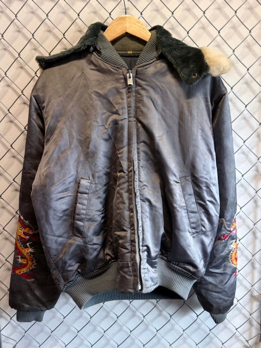 Vintage Korea Dragon Souvenir Silver Bomber Flight Jacket Size Large