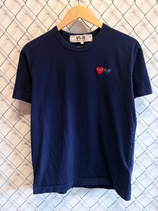 CDG Play Two Hearts Navy Blue Shirt Size Large