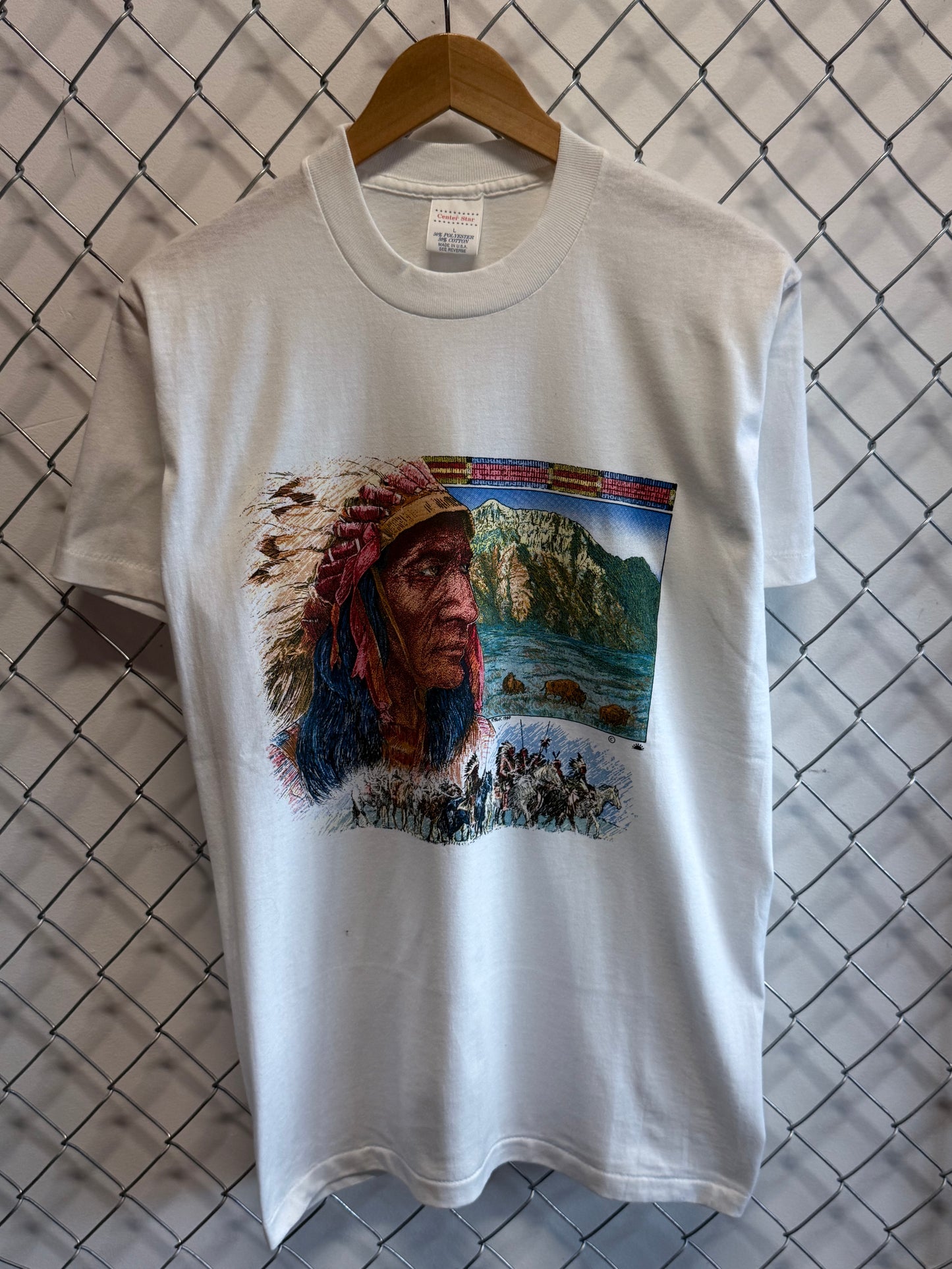 Vintage 90's Native American Chief Art Graphic Tee Size Large