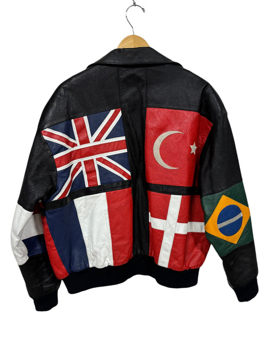 Vintage 90's Phase 3 World Flag Leather Jacket Size Large