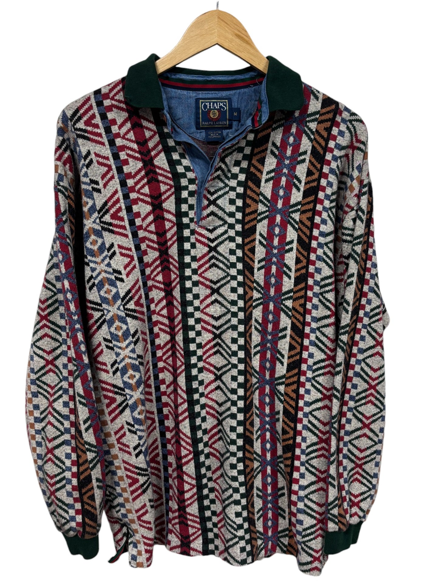 Vintage 90's Chaps Ralph Lauren Aztec Long Sleeve Polo Shirt Size Medium