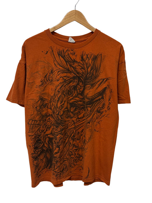 Vintage Y2K Affliction Style Skull Big Print Orange Graphic Tee Size XL