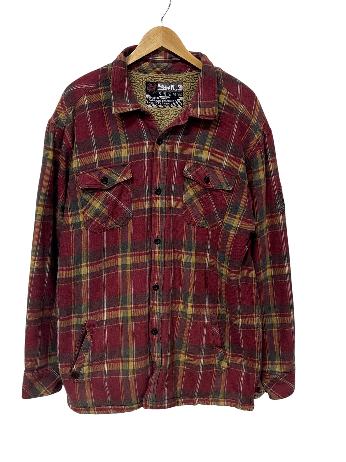 Vintage Y2K Quiksilver Sherpa Lined Red Flannel Button Up Shirt Size XXL