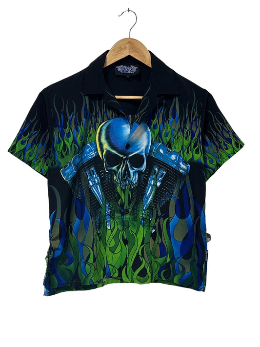 Vintage Y2K Short Sleeve Skull Flames Button Up Shirt Size Small