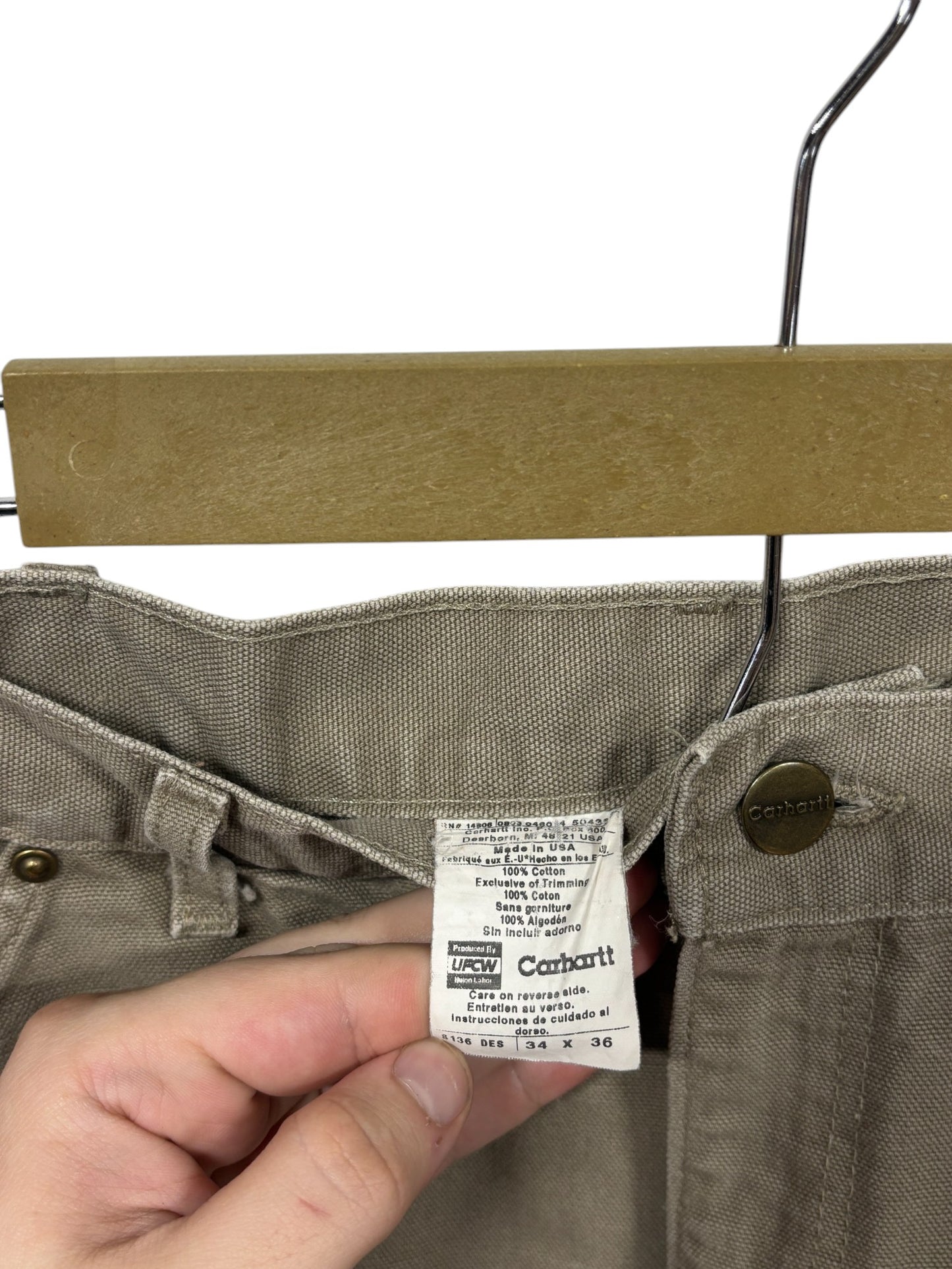 Vintage Carhartt Made in USA Olive Double Knee Carpenter Pants Size 33x34