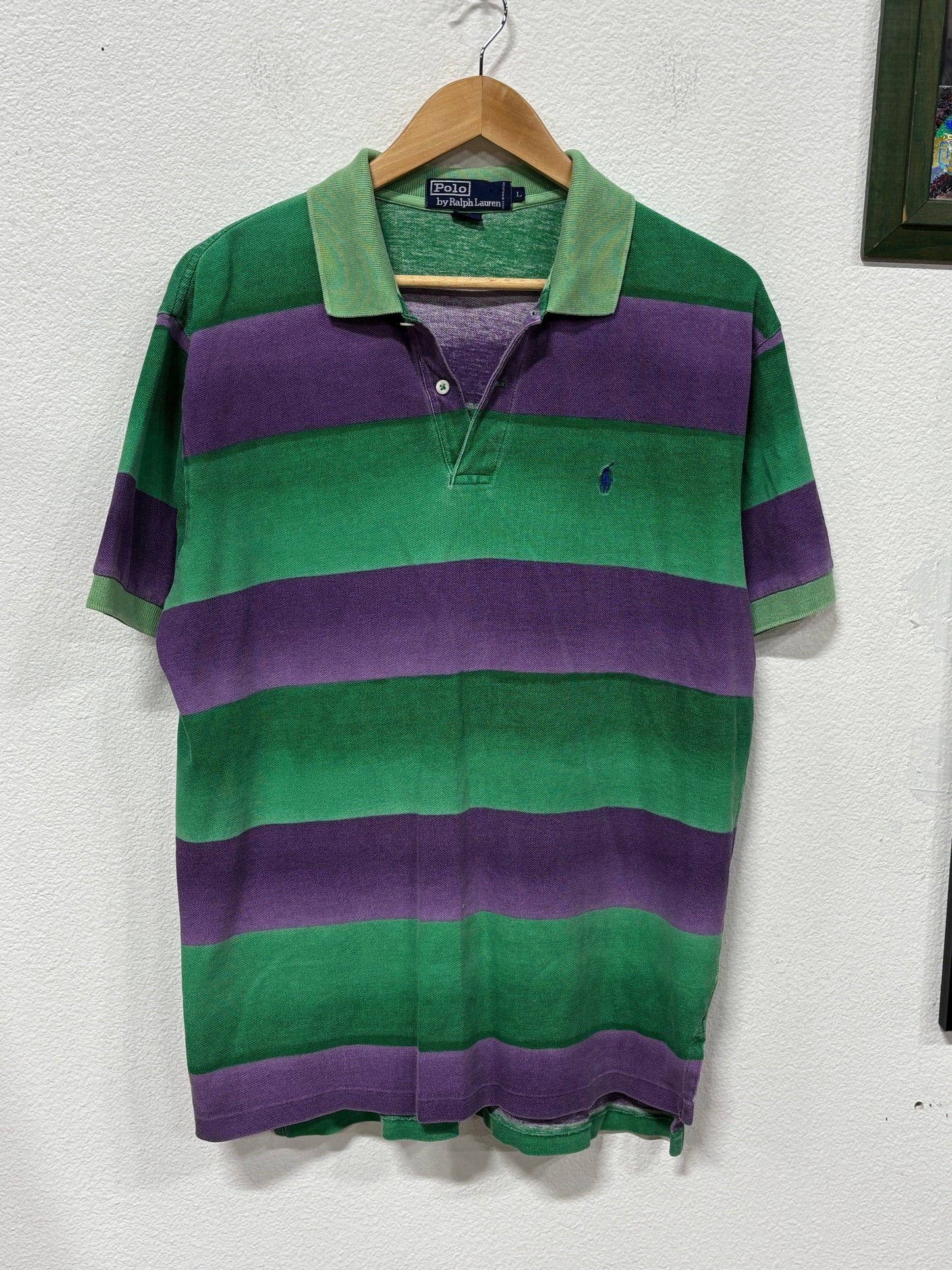 Vintage Polo Ralph Lauren Green Purple Striped Polo Shirt Size Large