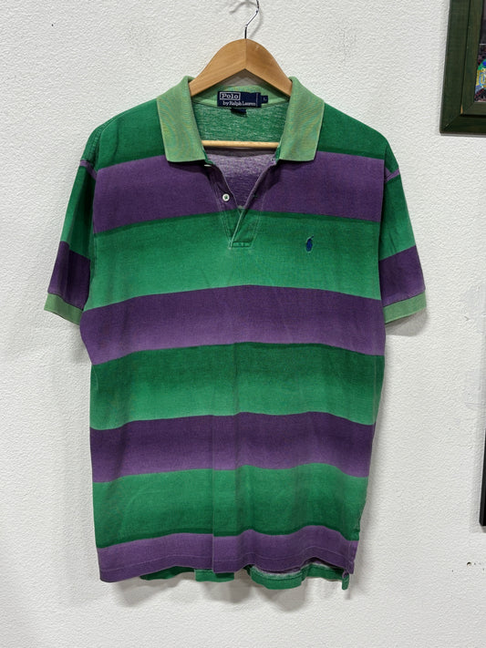 Vintage Polo Ralph Lauren Green Purple Striped Polo Shirt Size Large