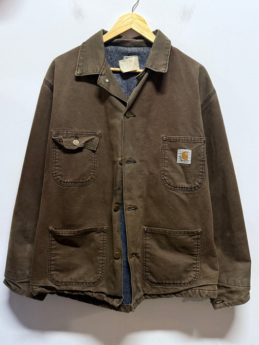 Vintage Carhartt Chocolate Brown Blanket Lined Chore Coat Size XL
