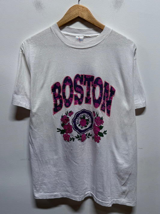 Vintage 90's Boston Massachusetts Floral Crest Graphic Tee Size XL