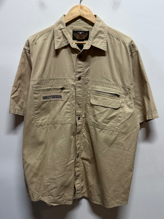 Vintage Harley Davidson Brown Button Up Mechanic Short Sleeve Shirt Size Large