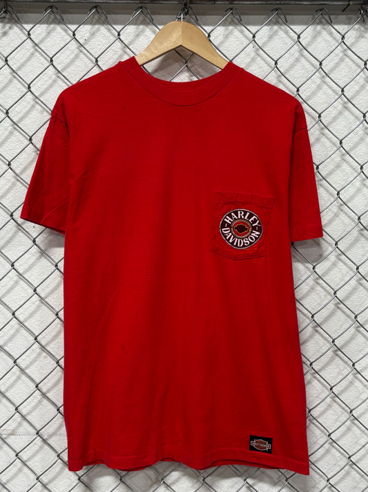 Vintage 1990 Harley Davidson Red Oak Iowa Biker Pocket Tee Size XL