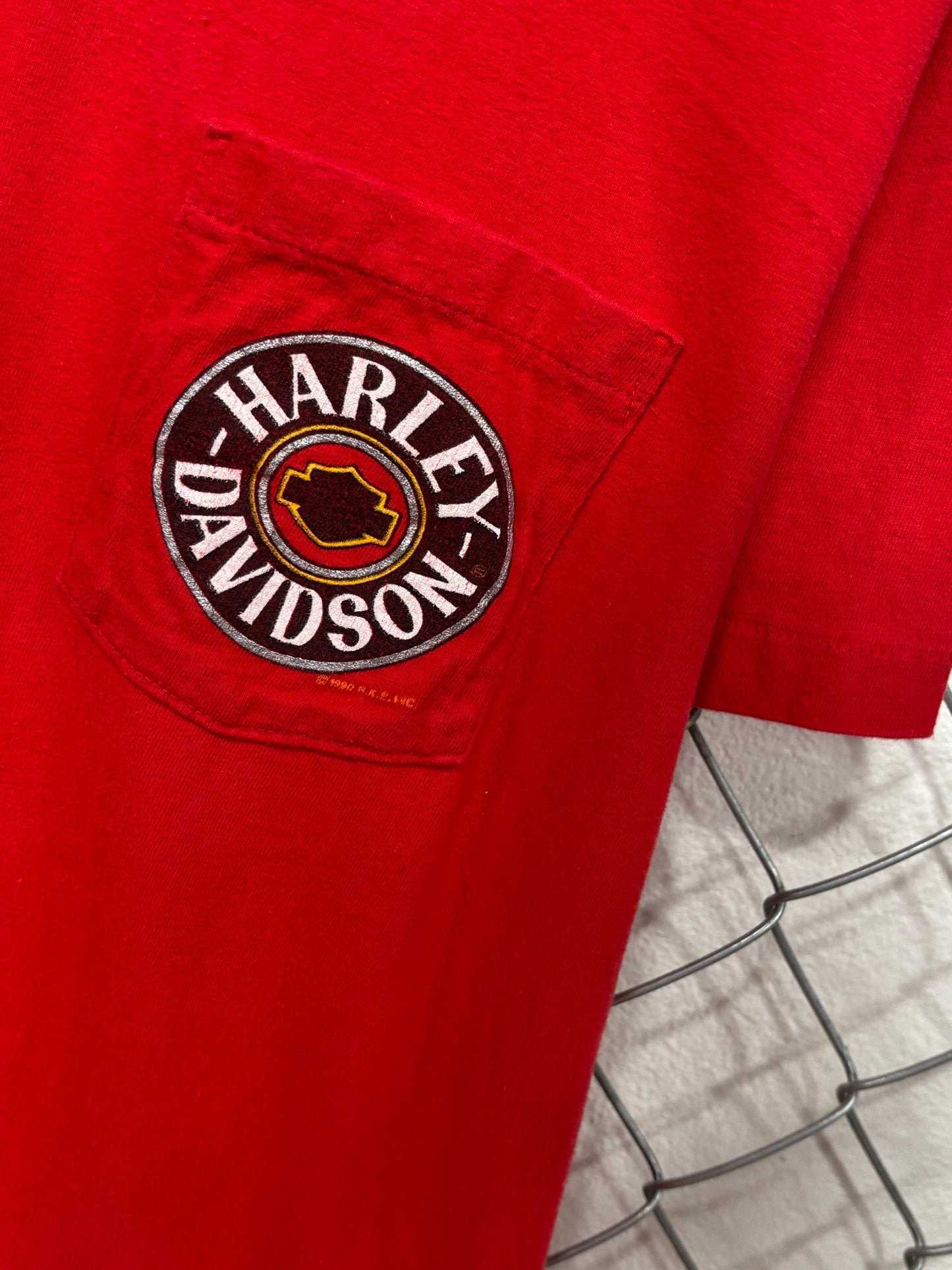 Vintage 1990 Harley Davidson Red Oak Iowa Biker Pocket Tee Size XL