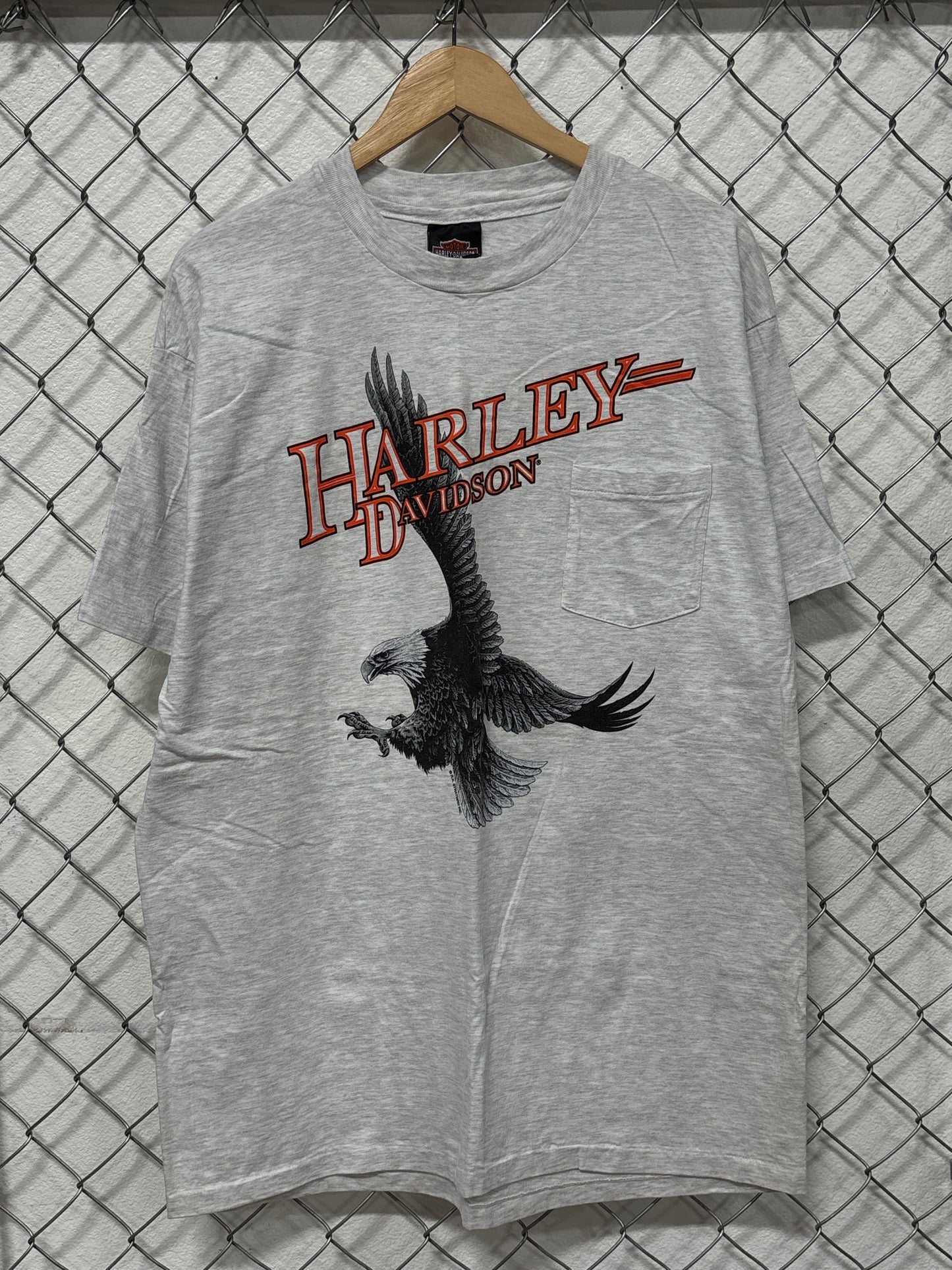 Vintage 90's Harley Davidson Bald Eagle Grey Biker Pocket Tee Size XL
