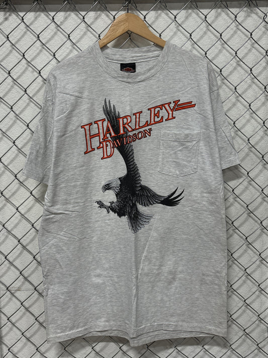 Vintage 90's Harley Davidson Bald Eagle Grey Biker Pocket Tee Size XL