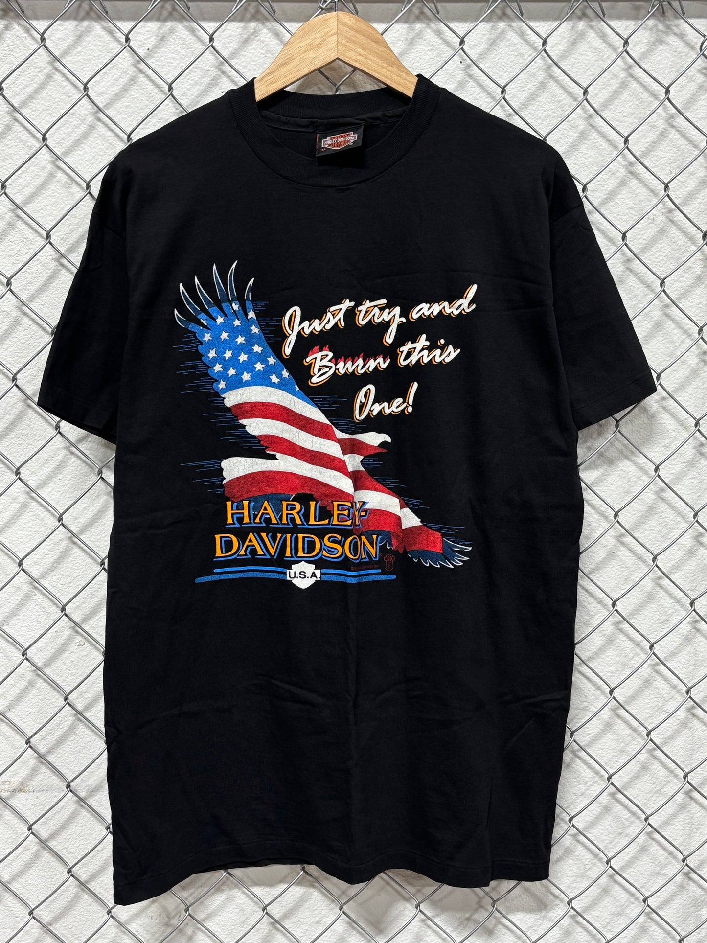 Vintage Harley Davidson Just Try and Burn This One Eagle Flag Tee Size XL