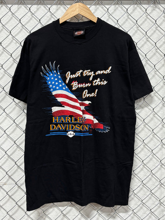 Vintage Harley Davidson Just Try and Burn This One Eagle Flag Tee Size XL