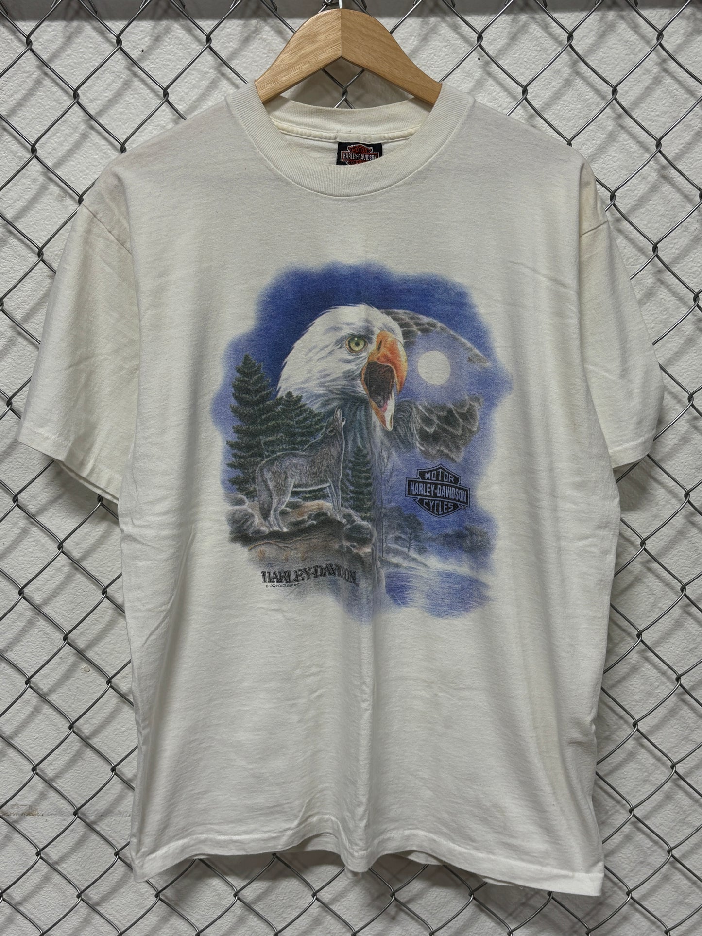 Vintage 1992 Harley Davidson Bald Eagle Lone Wolf Biker Tee Size XL