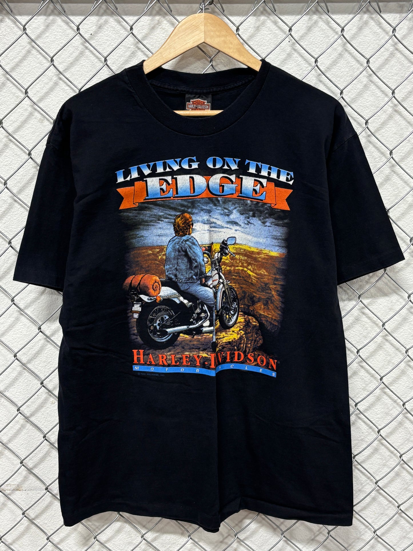 Vintage 90's Harley Davidson Livin on the Edge Biker Graphic Tee Size XL