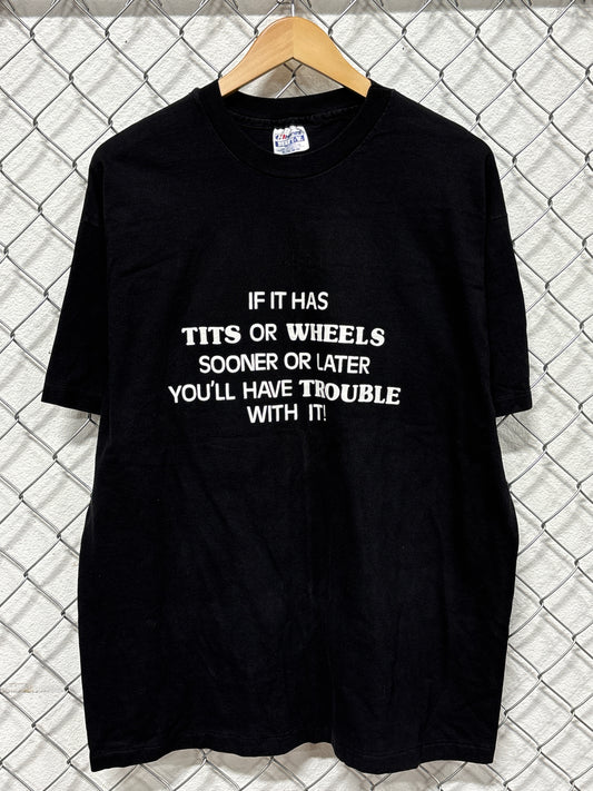 Vintage 90's Tits or Wheels Trouble With It Bike Shop Graphic Tee Size XL