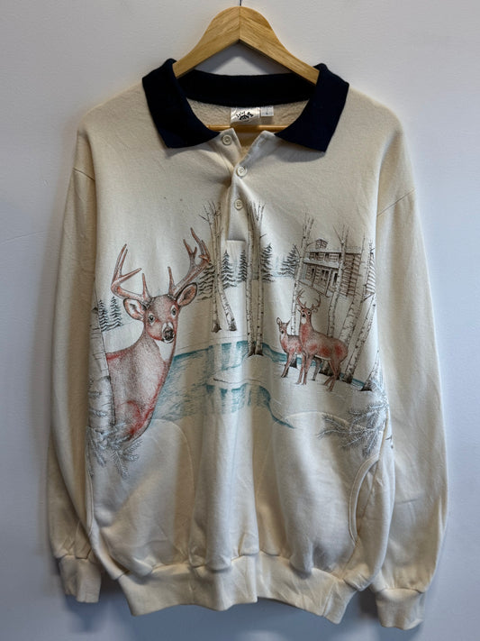 Vintage 90's Deer Snow Cabin Nature Long Sleeve Polo Shirt Size Large