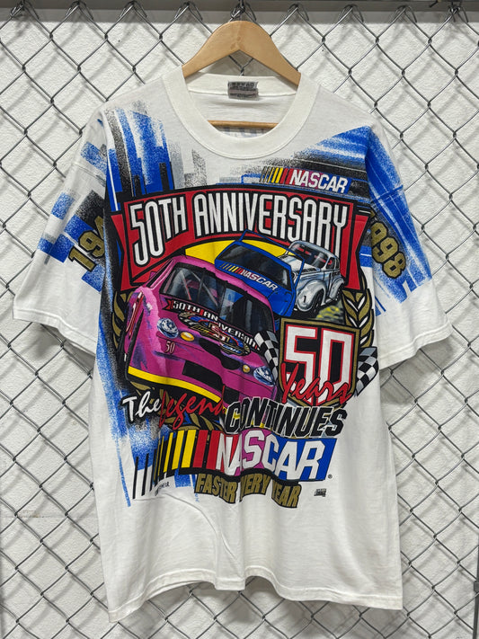 Vintage 1998 NASCAR 50th Anniversary AOP Racing Graphic Tee Size XL
