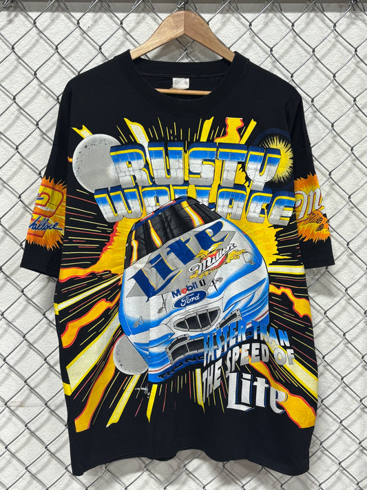 Vintage 90's Rusty Wallace Faster Than The Speed of LITE AOP Racing Tee Size XL