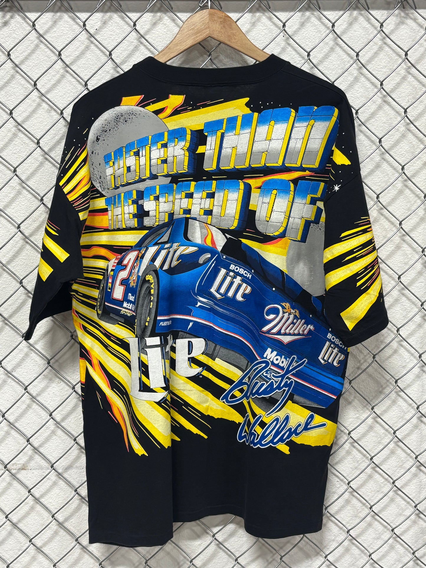 Vintage 90's Rusty Wallace Faster Than The Speed of LITE AOP Racing Tee Size XL